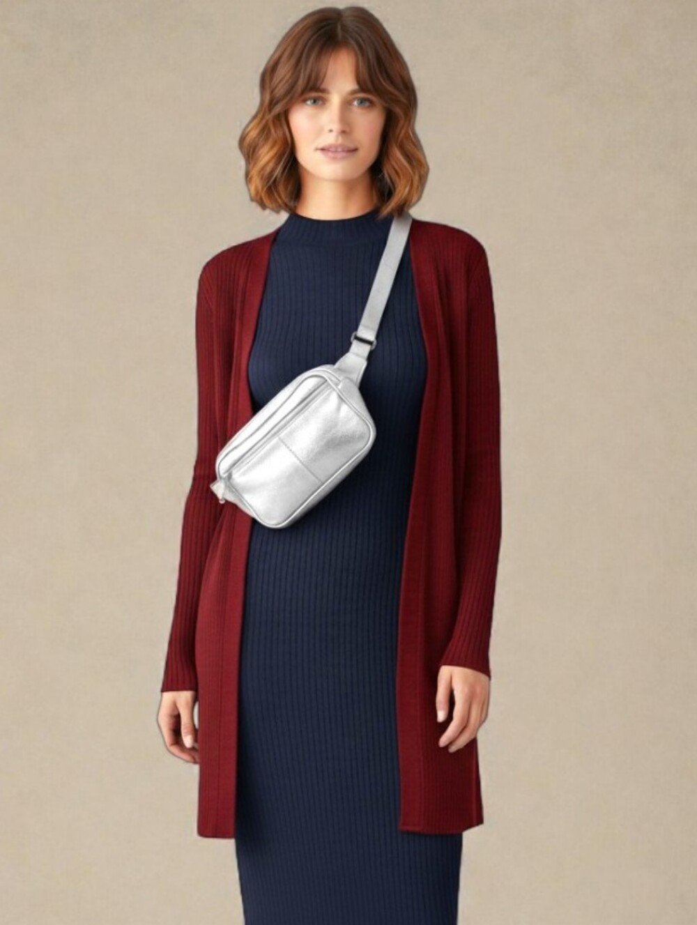 IMAN Ribbed Open Front Duster Cardigan Deep Red | L | Minimalist Chic